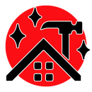 A black and white icon of a hand holding a hammer over a roof.