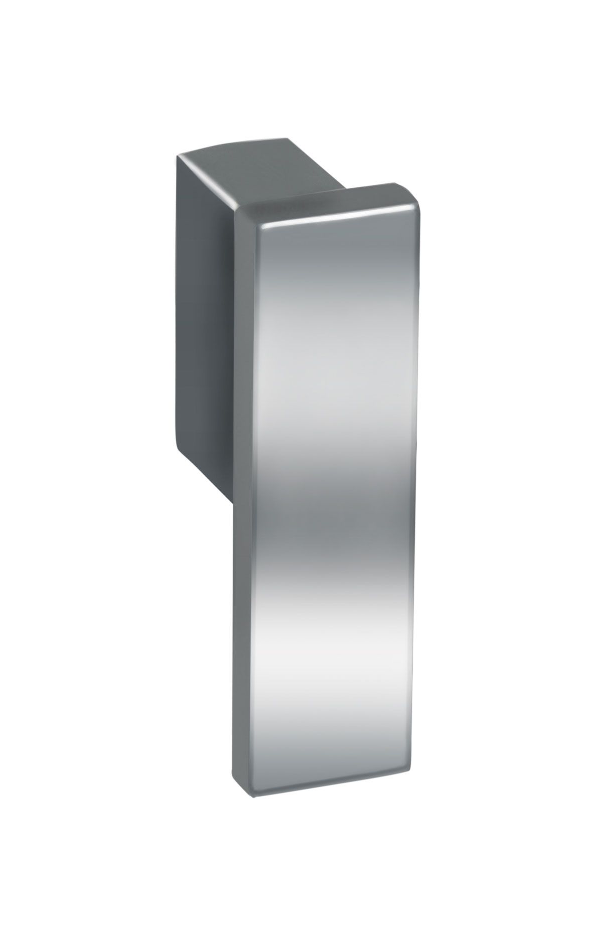 A stainless steel hook on a white background.
