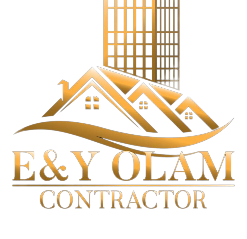 A logo for e & y olan contractor with a building and houses
