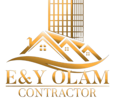 A logo for e & y olan contractor with a building and houses