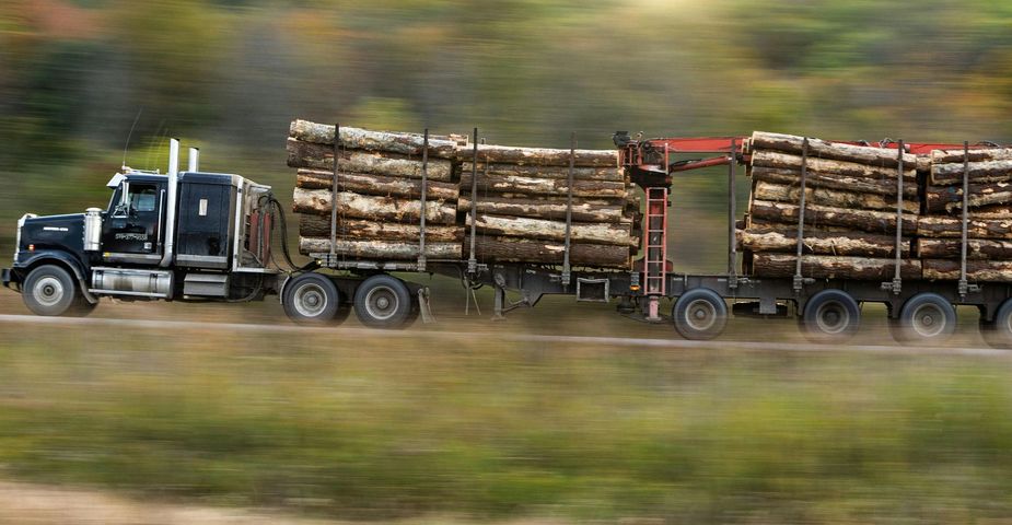 Black logging truck transporting logs on a highway, blurred background.