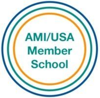 AMI/USA Member School badge: teal, orange, and blue concentric circles surrounding text.
