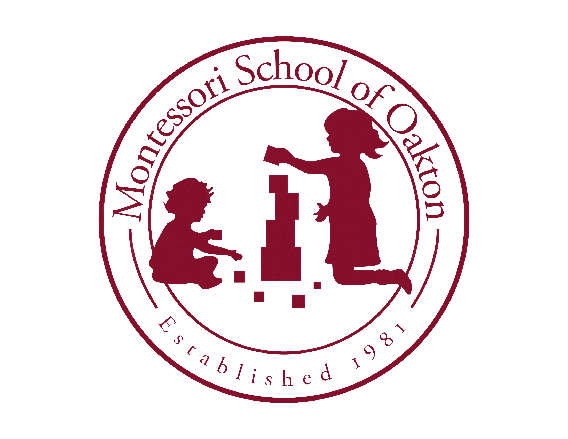 Montessori School of Oakton logo: Two children playing with blocks, inside a circular border, burgundy. Established 1981.