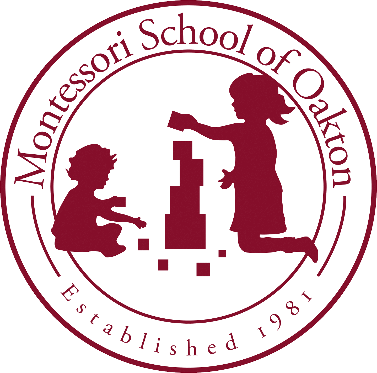 Montessori School of Oakton logo: Two children playing with blocks, inside a circular border. Established 1981.