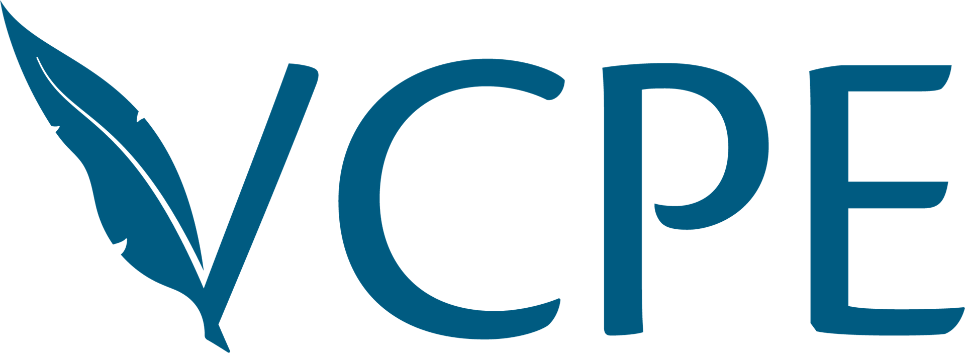 VCPE logo with a teal feather graphic.