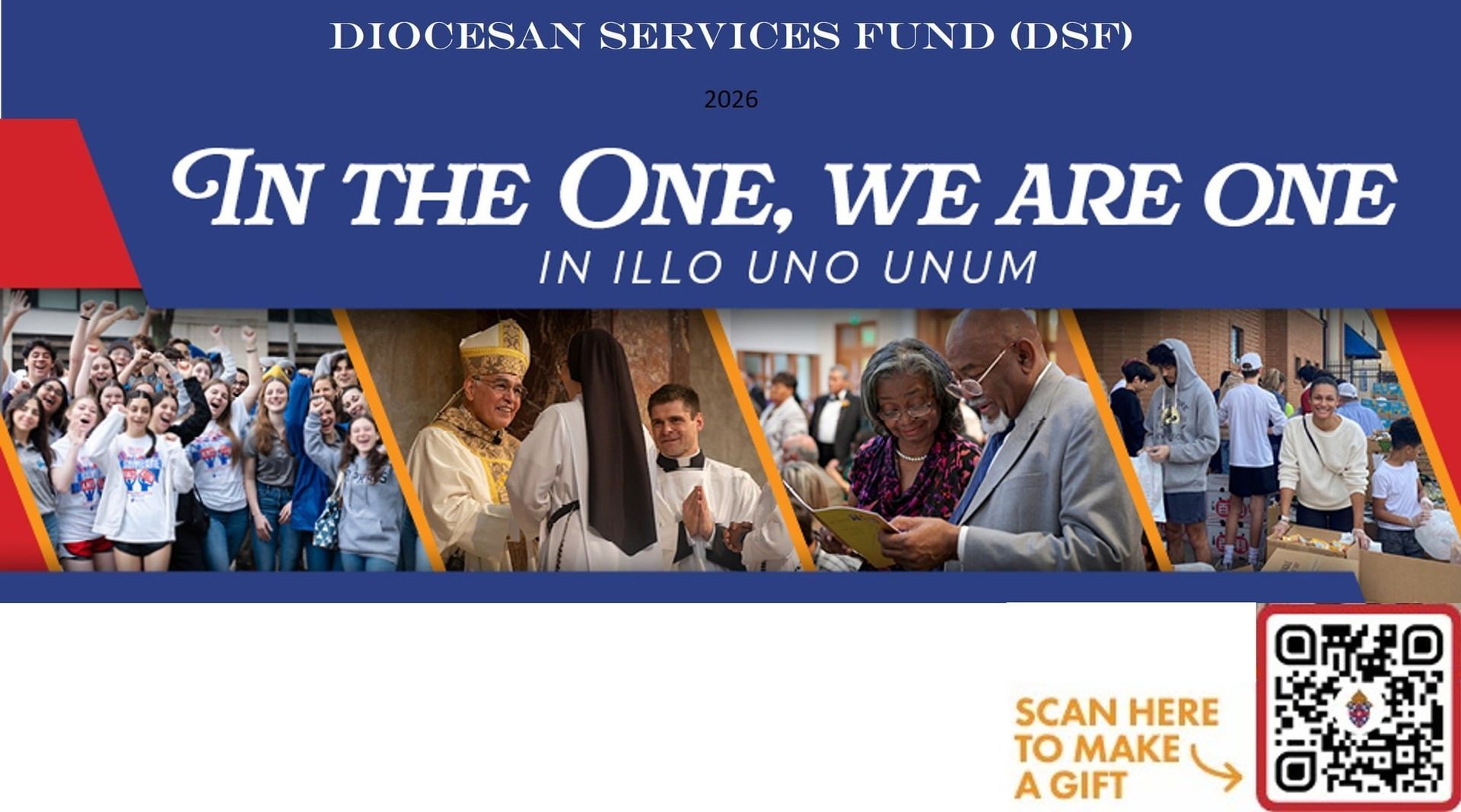 Diocesan Services Fund ad with crowd photo and banner: “In the One, We Are One” and “Scan Here to Make a Gift”