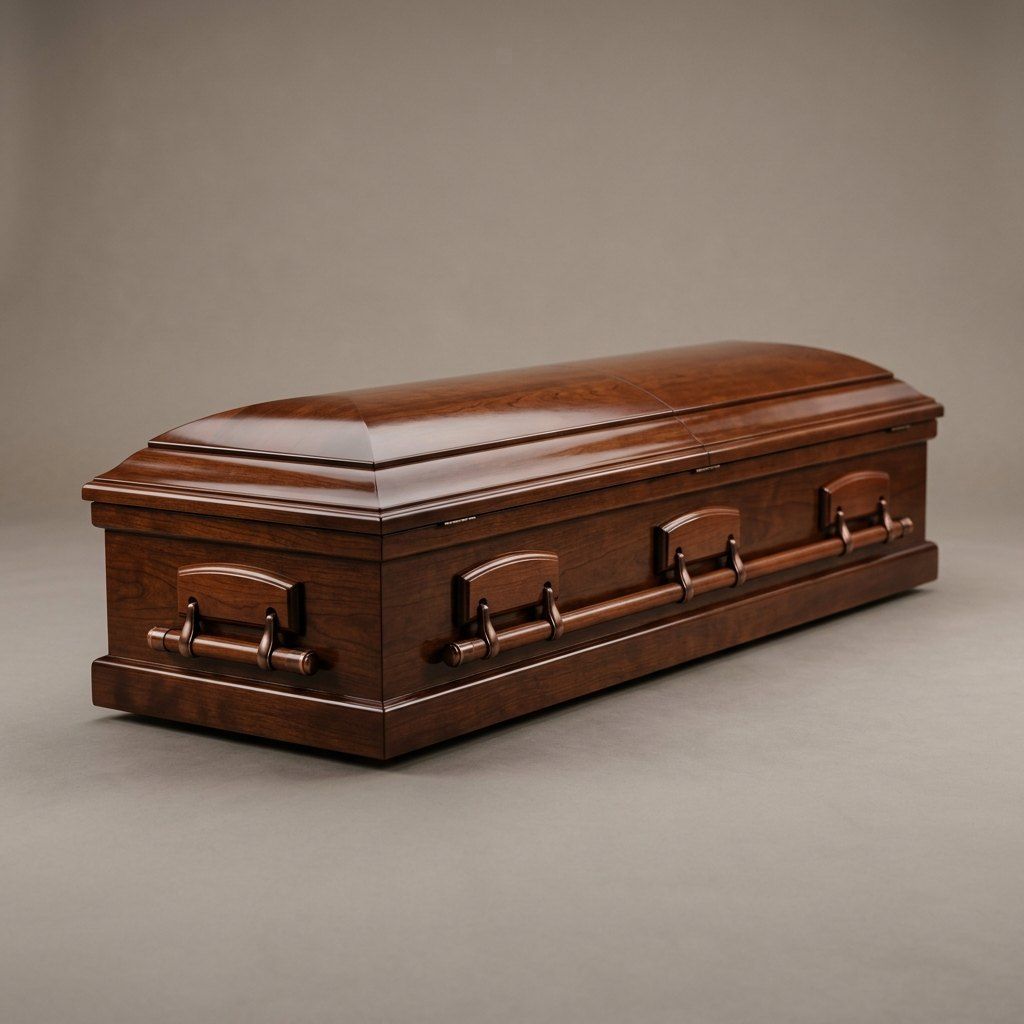 A closed, glossy mahogany-finish casket with fluted handles photographed against a plain neutral gray studio backdrop, evenly lit from above.