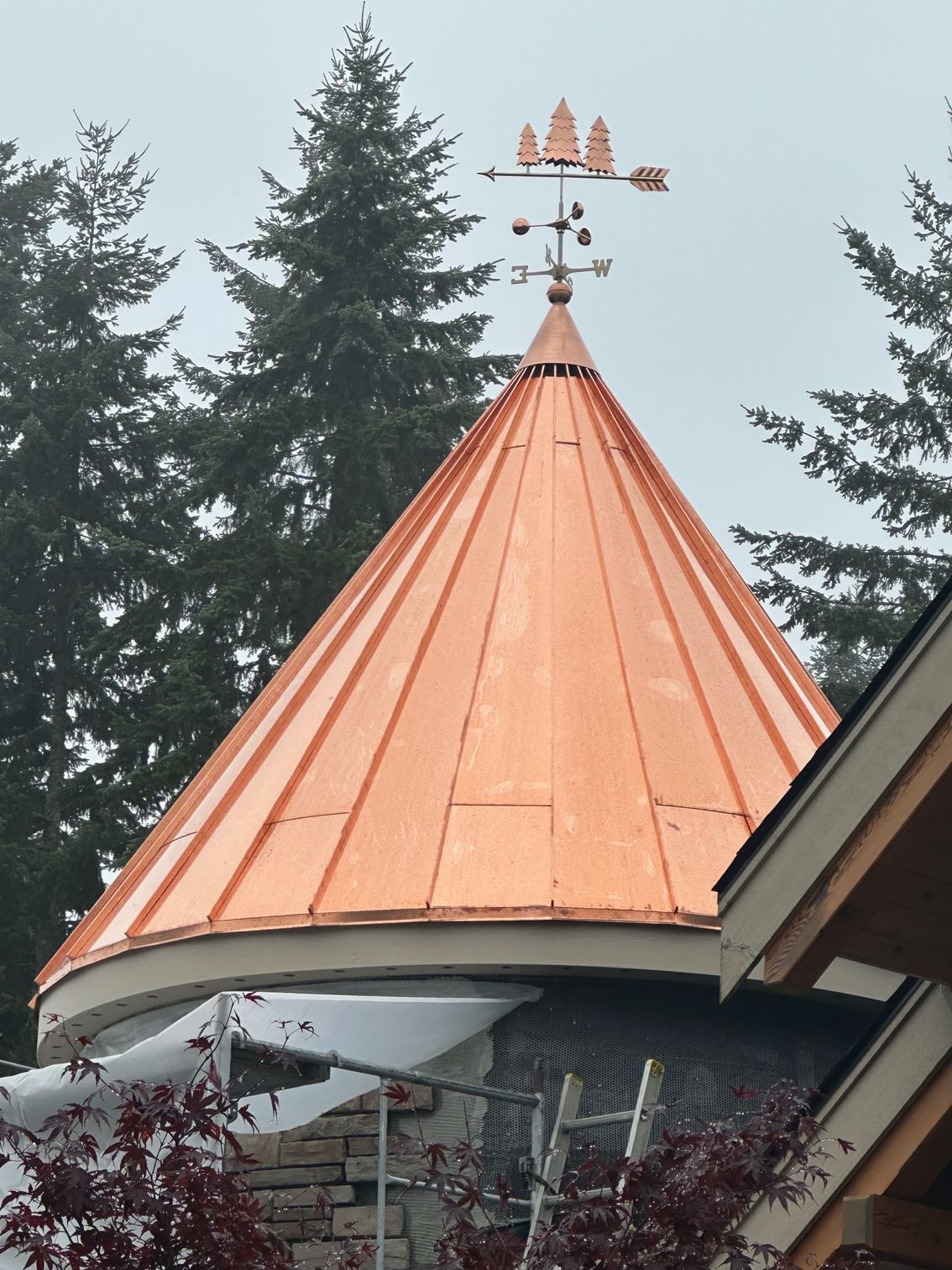 A copper roof with a weather vane on top of it