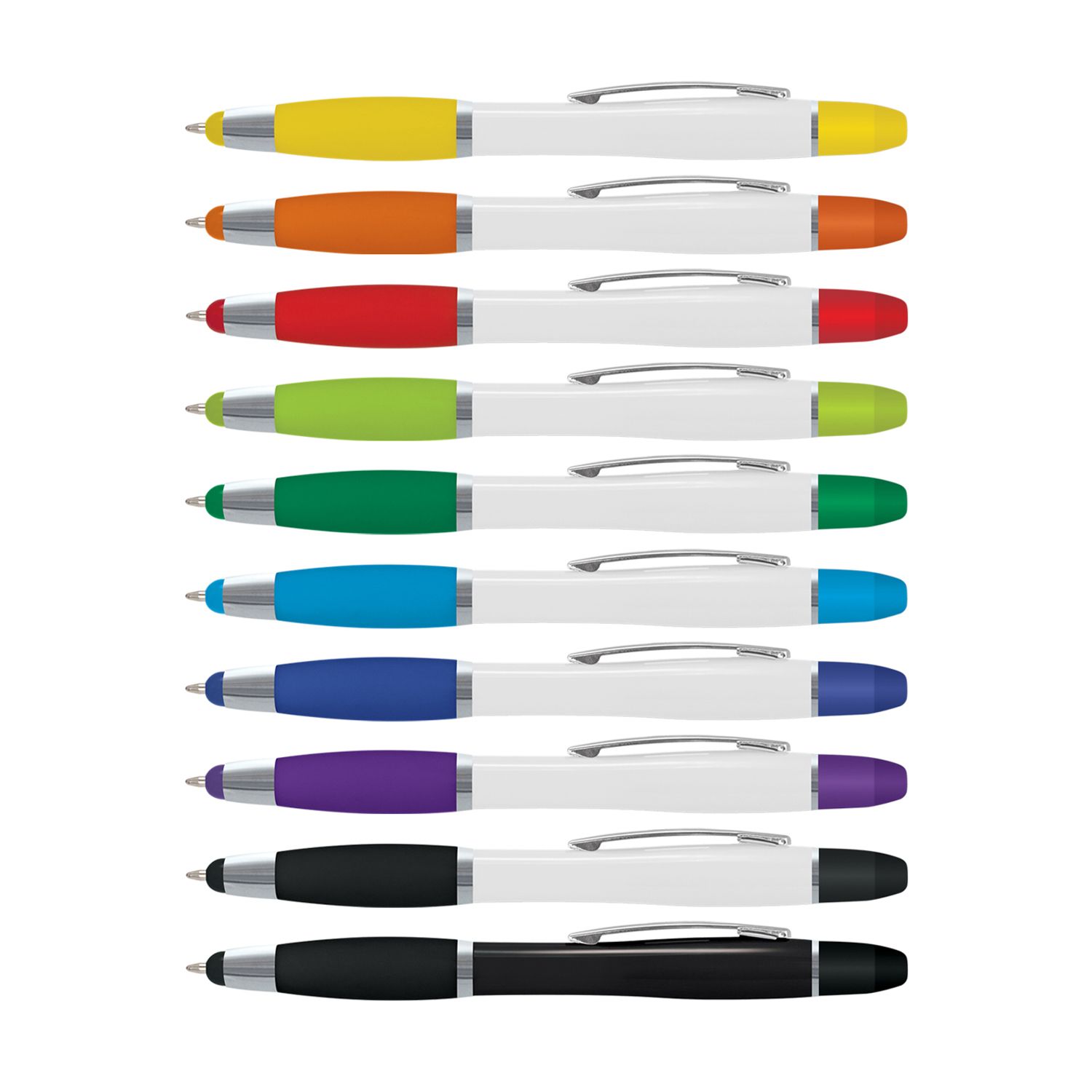 Row of colorful dual-tip pens with white barrels and a clip. 