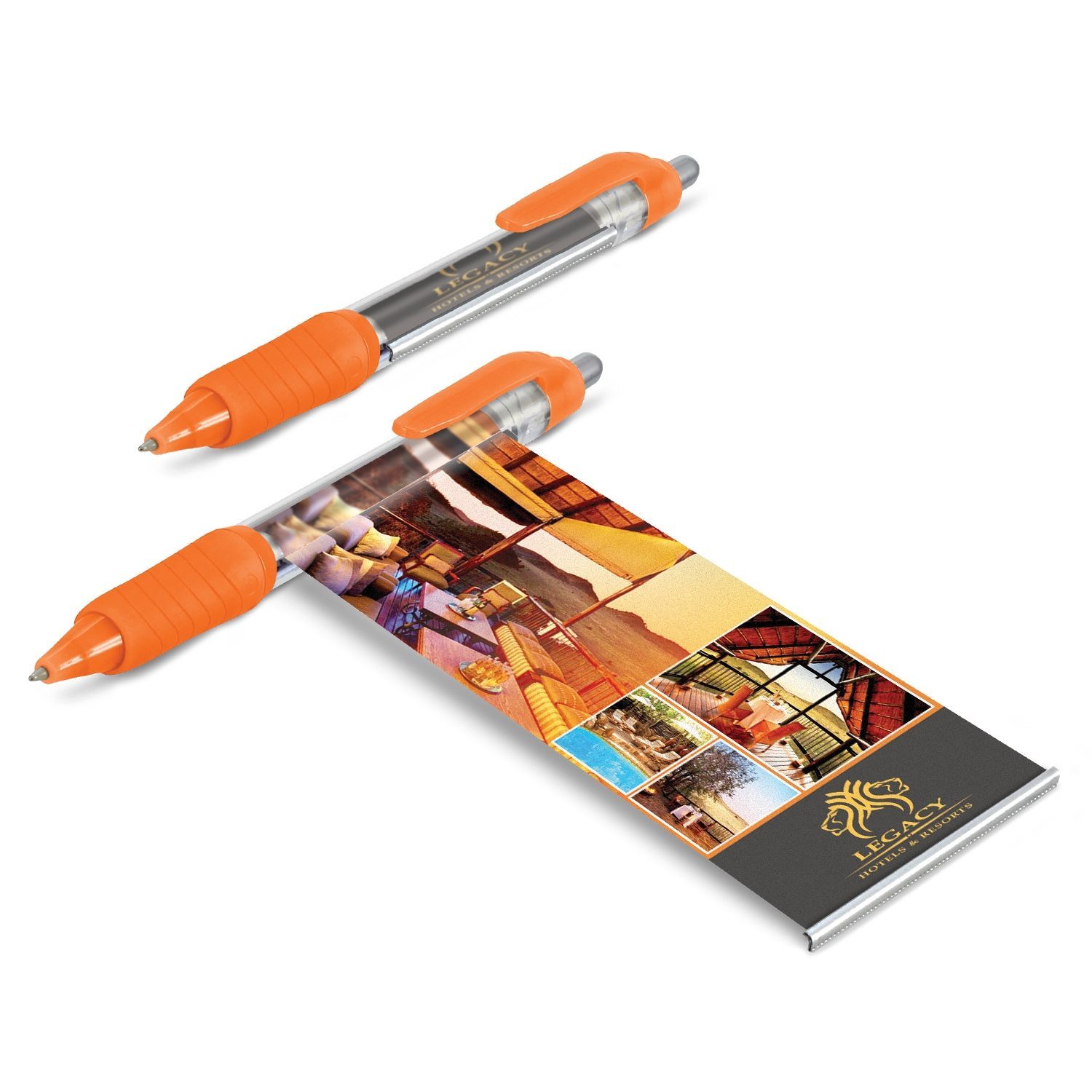 Orange promotional pen with a pull-out advertisement featuring colorful images of a building interior.