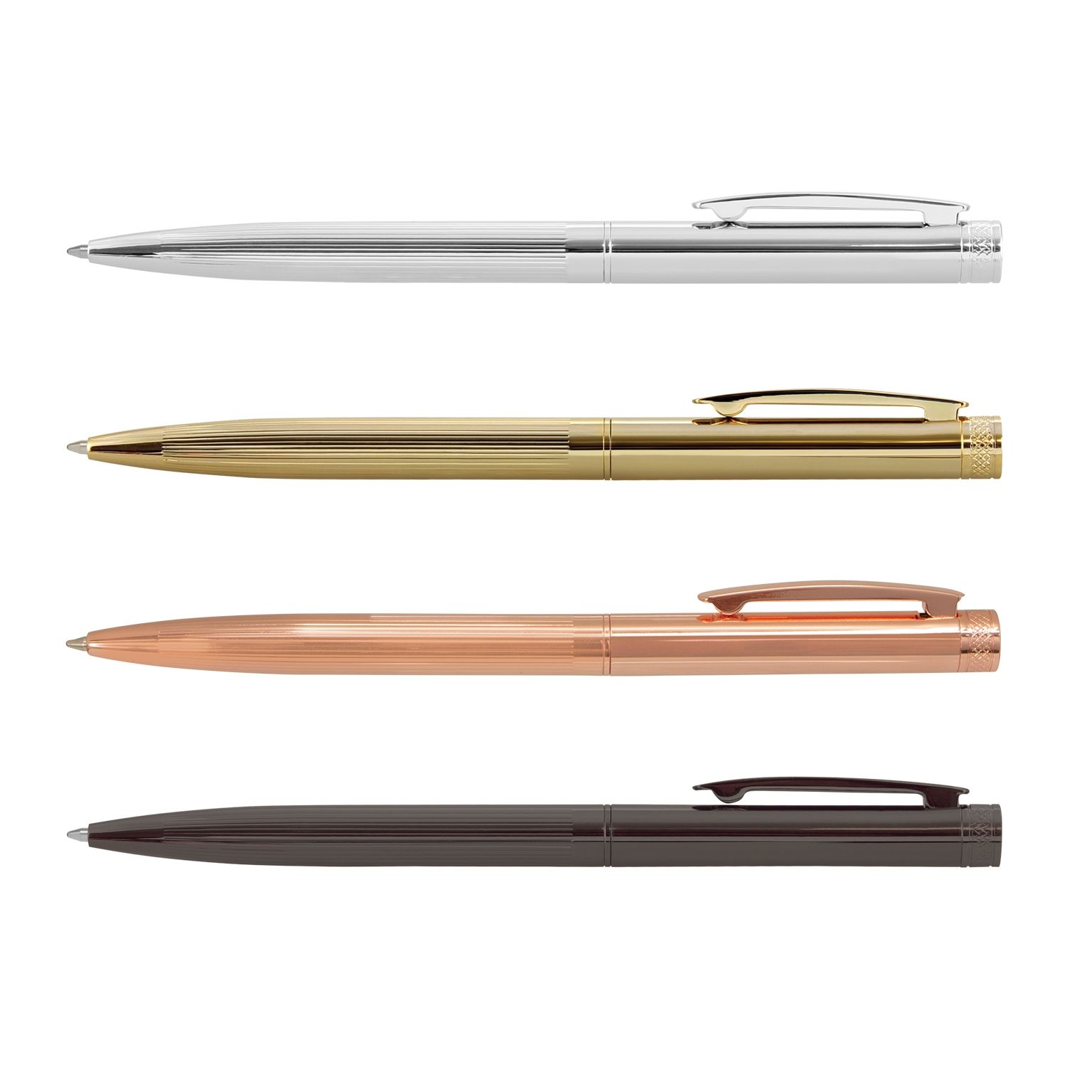 Four metal ballpoint pens in silver, gold, rose gold, and dark bronze, each with a pocket clip.