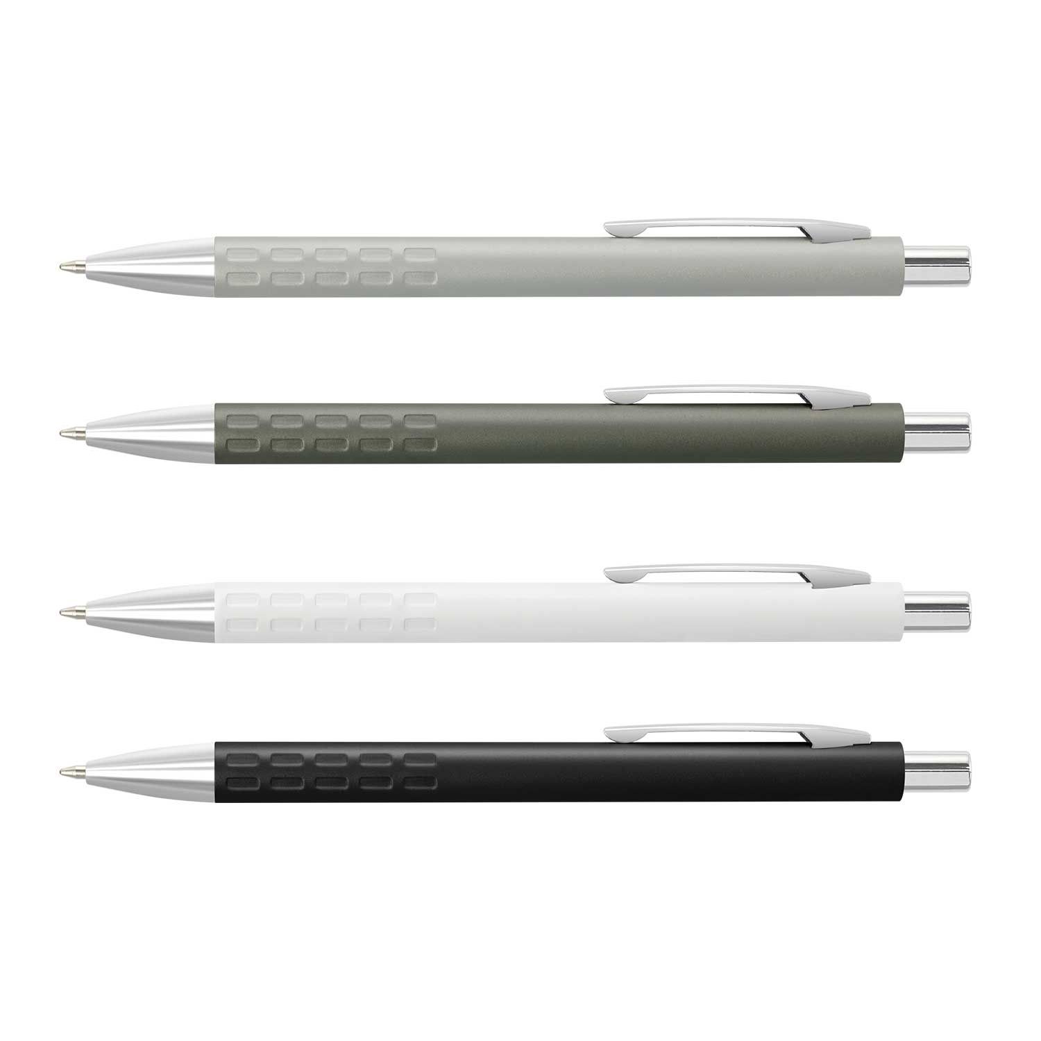 Four pens in different colors: gray, green, white, and black, arranged horizontally. 