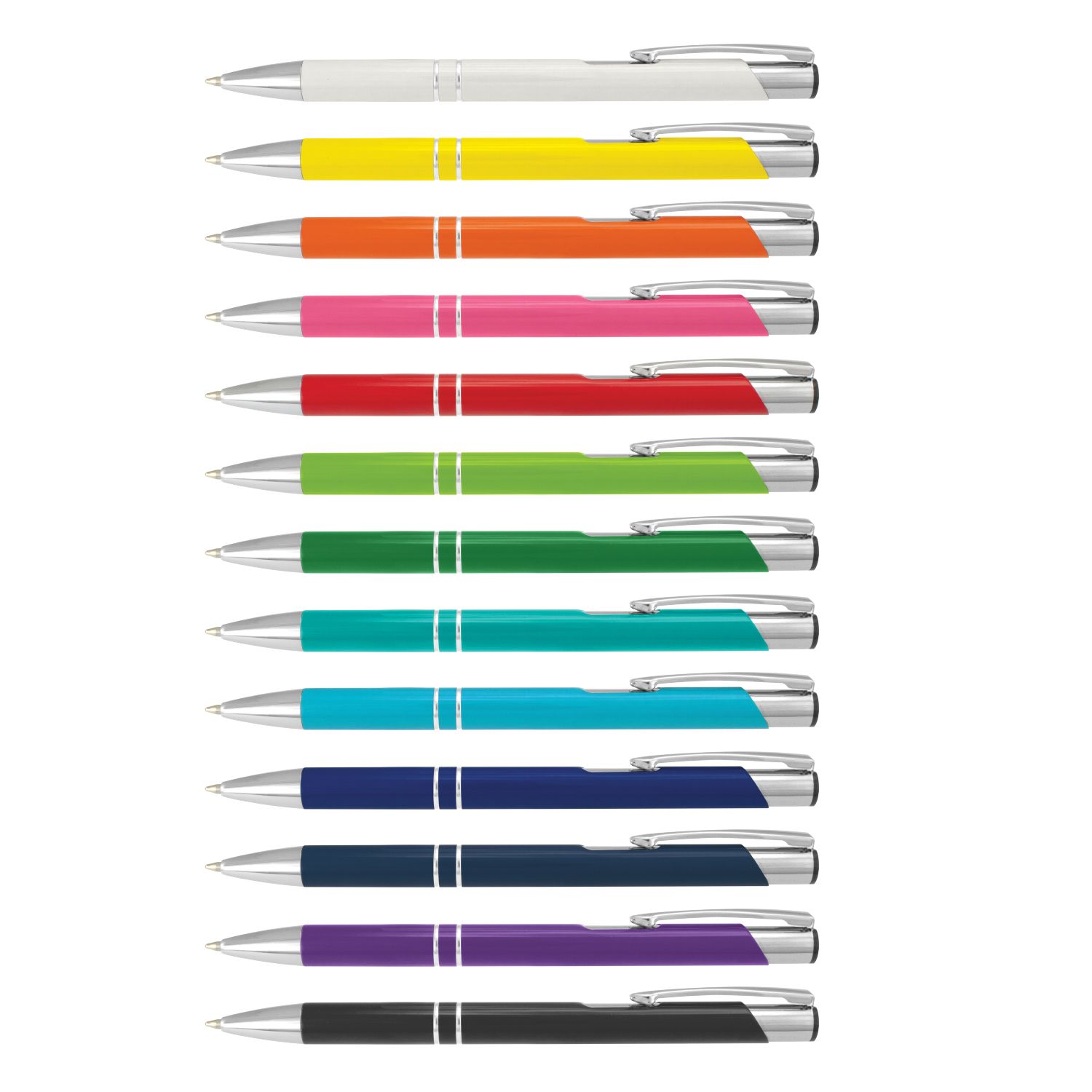 Row of colorful pens in various shades, including white, yellow, red, and blue, on a white background.