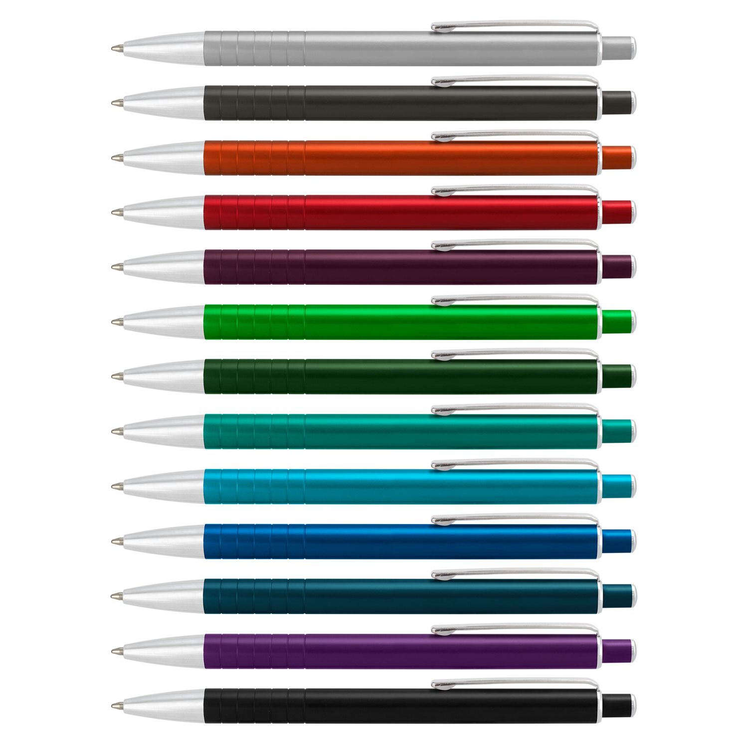 A collection of 13 pens in various colors like silver, black, red, green, and blue, arranged in a vertical row.