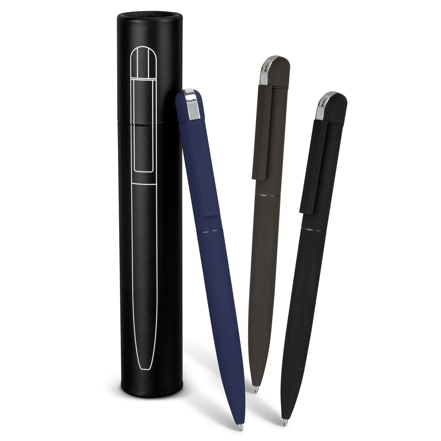 Three pens in blue, brown, and black, with a black case. They are standing upright.