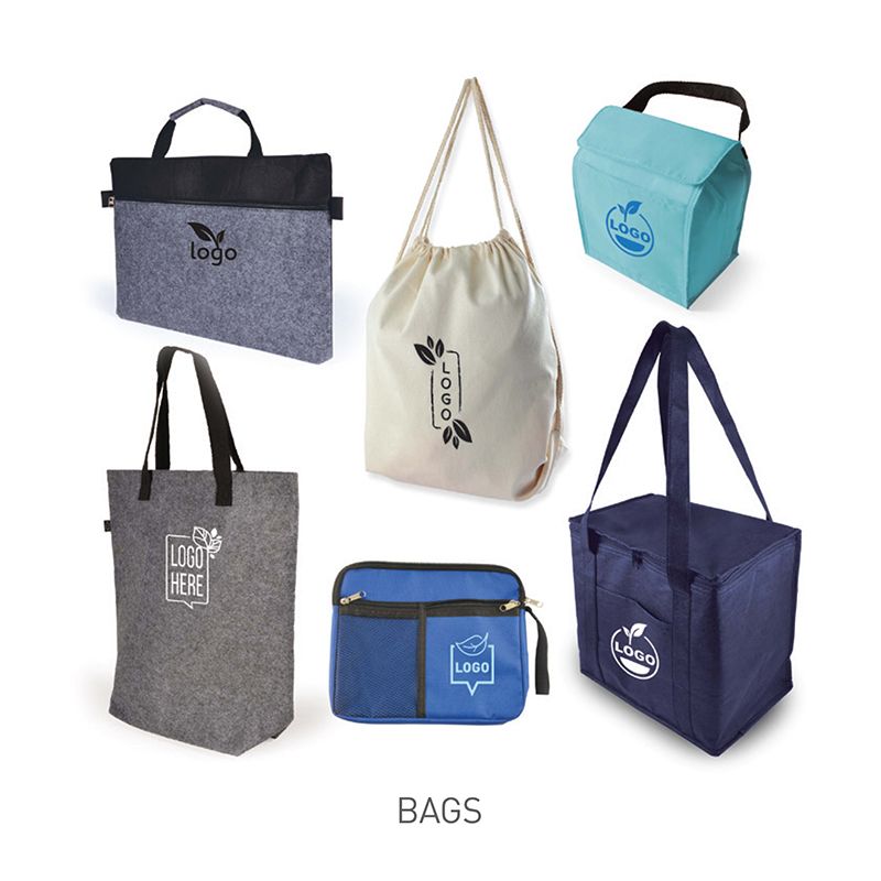 Collection of various promotional bags: tote bags, lunch bags, and drawstring bag; various colors.