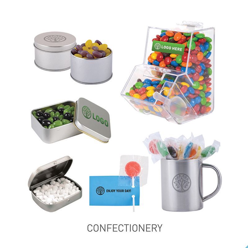 Confectionery items including candies, jelly beans, and lollipops in various containers with company logos