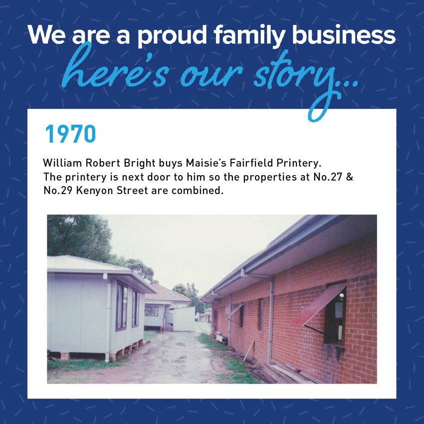 Timeline entry from 1970: William Bright bought a printery and combined properties on Kenyon Street. Photo of buildings.