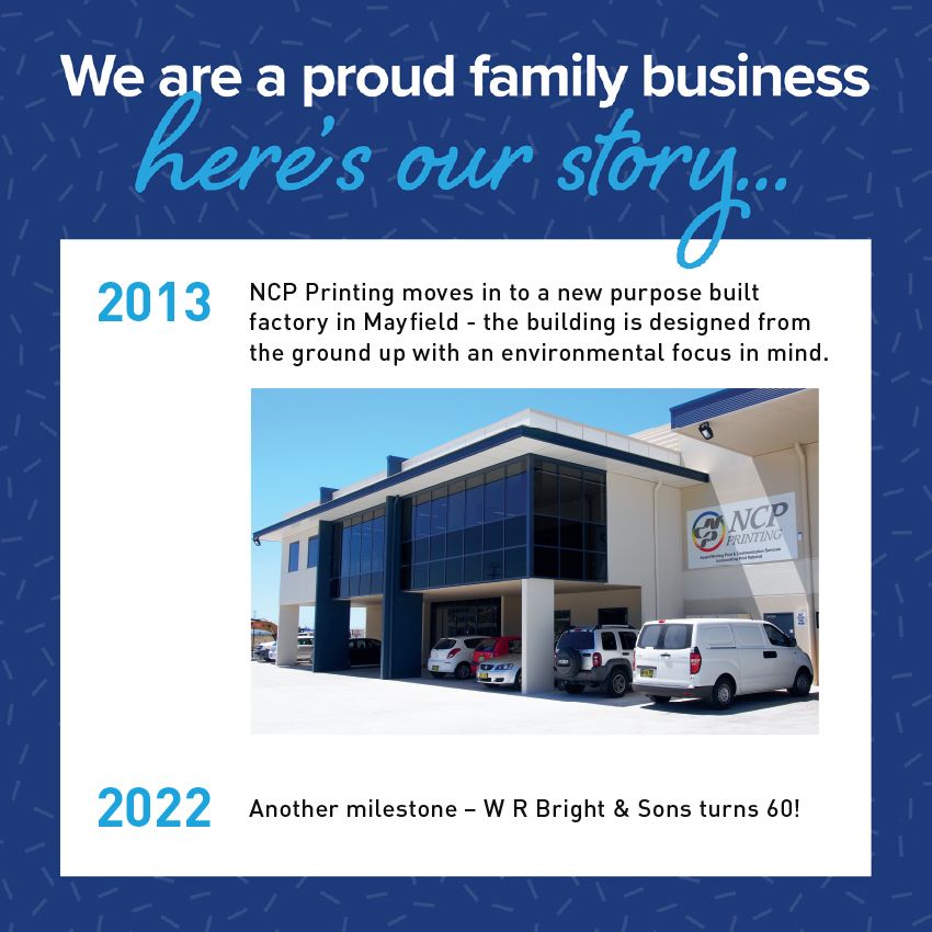 Timeline showing NCP Printing's new factory in Mayfield in 2013 and WR Bright & Sons' 60th anniversary in 2022