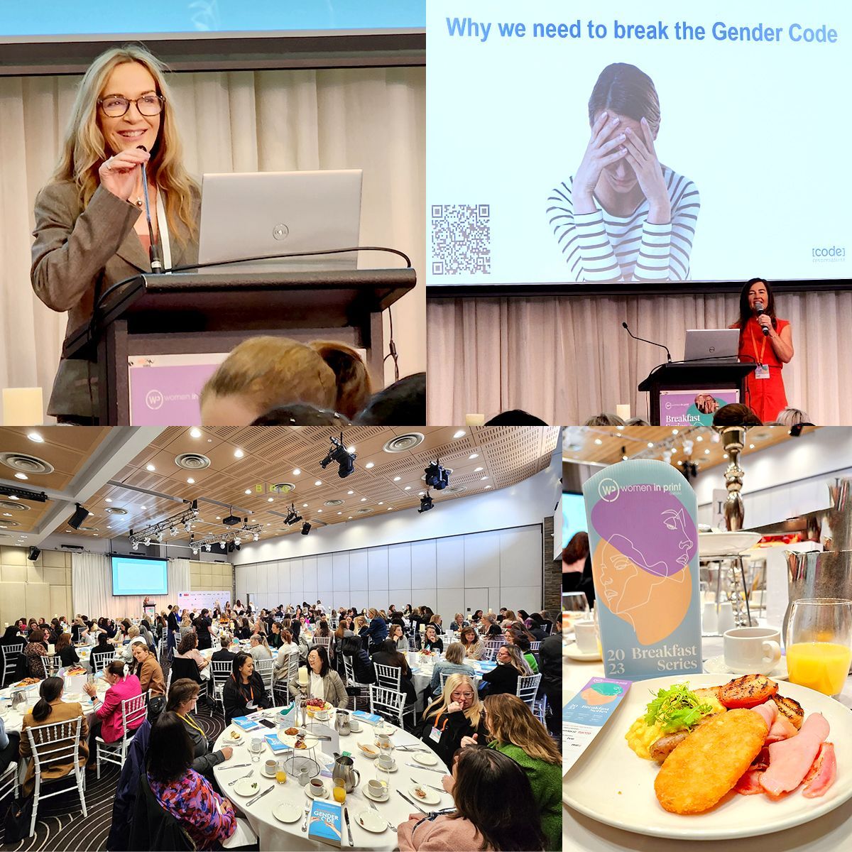 Collage of conference scenes: speakers at lecterns, a large audience at tables, and a plate of breakfast food.