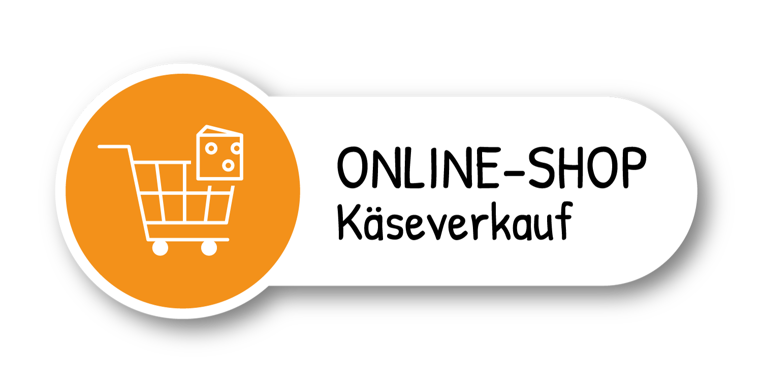 Ein Button mit einem weißen Einkaufswagen vor orangenem Hintergrund, auf dem ein Stück Käse liegt. 