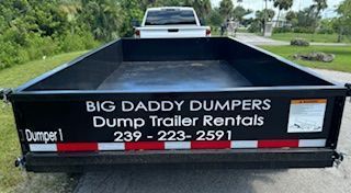 The back of a dump trailer with the words `` big daddy dumpers dump trailer rentals '' written on it.