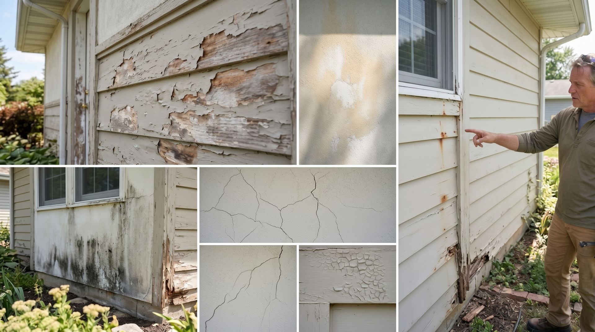 Collage of peeling white house siding and exterior damage, with a man pointing at the wall.