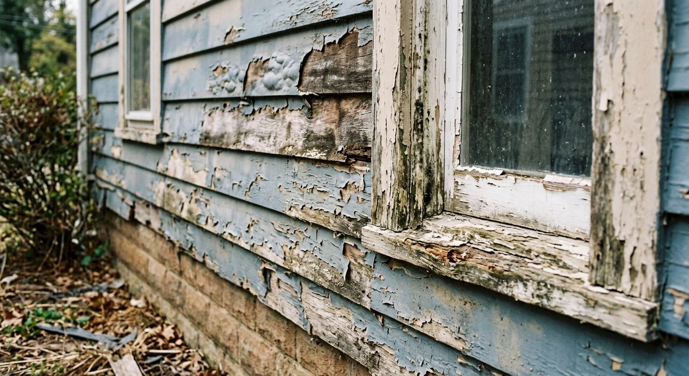 Close-up of a weathered blue house wall with peeling paint and a dirty, cracked window frame