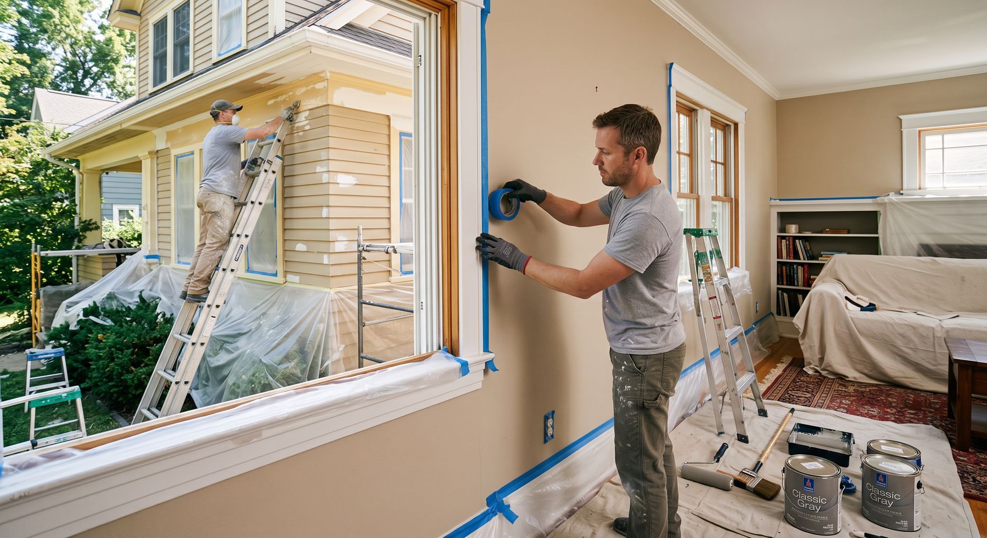 Man sanding an interior wall during home renovation, with a ladder, tools, and plastic-covered furniture nearby