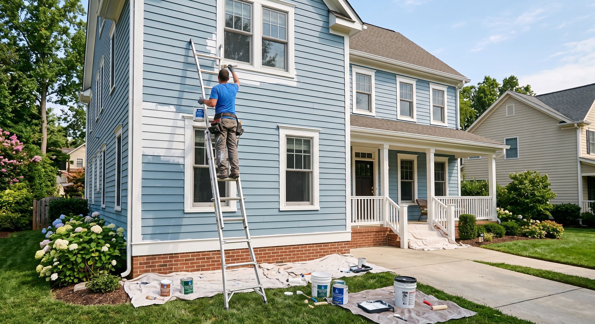 Worker painting the exterior of a blue house on a ladder, with paint supplies on the lawn.
