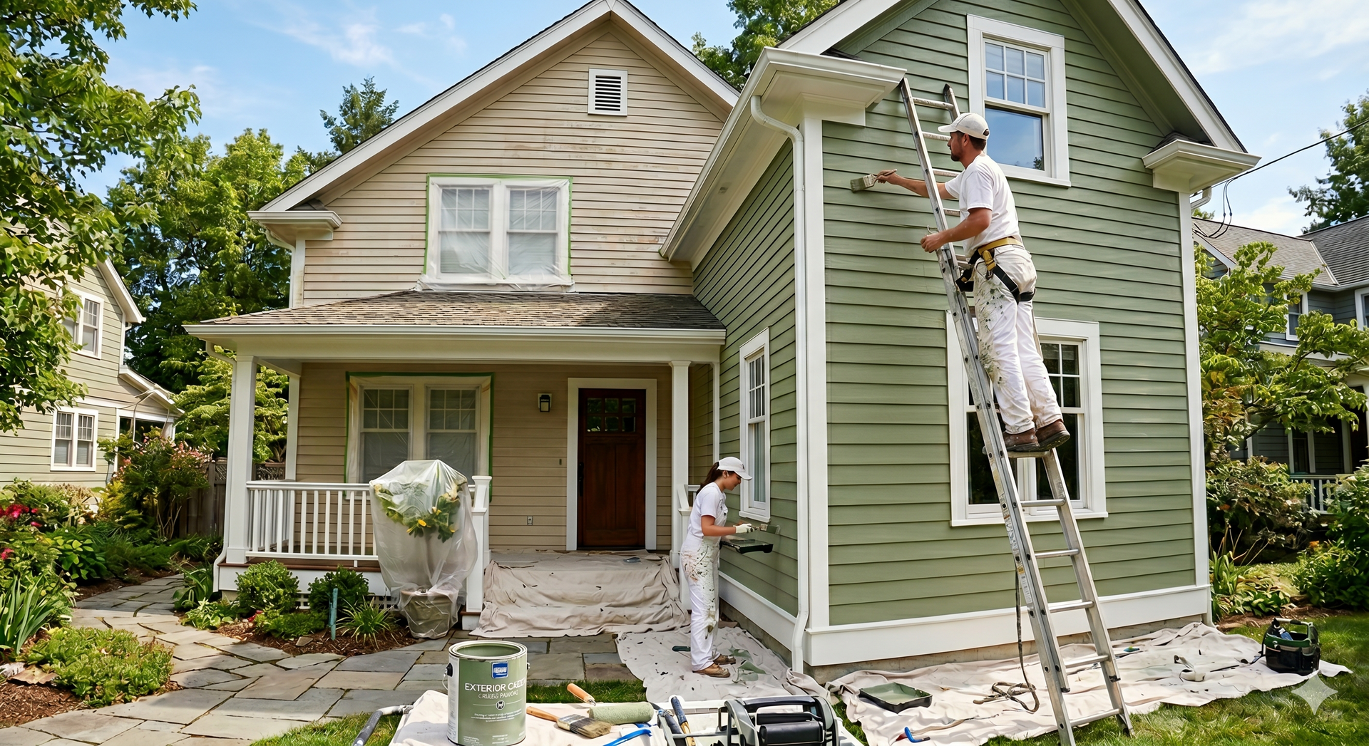 Two workers paint a green house exterior, one on a ladder and one on the wall.