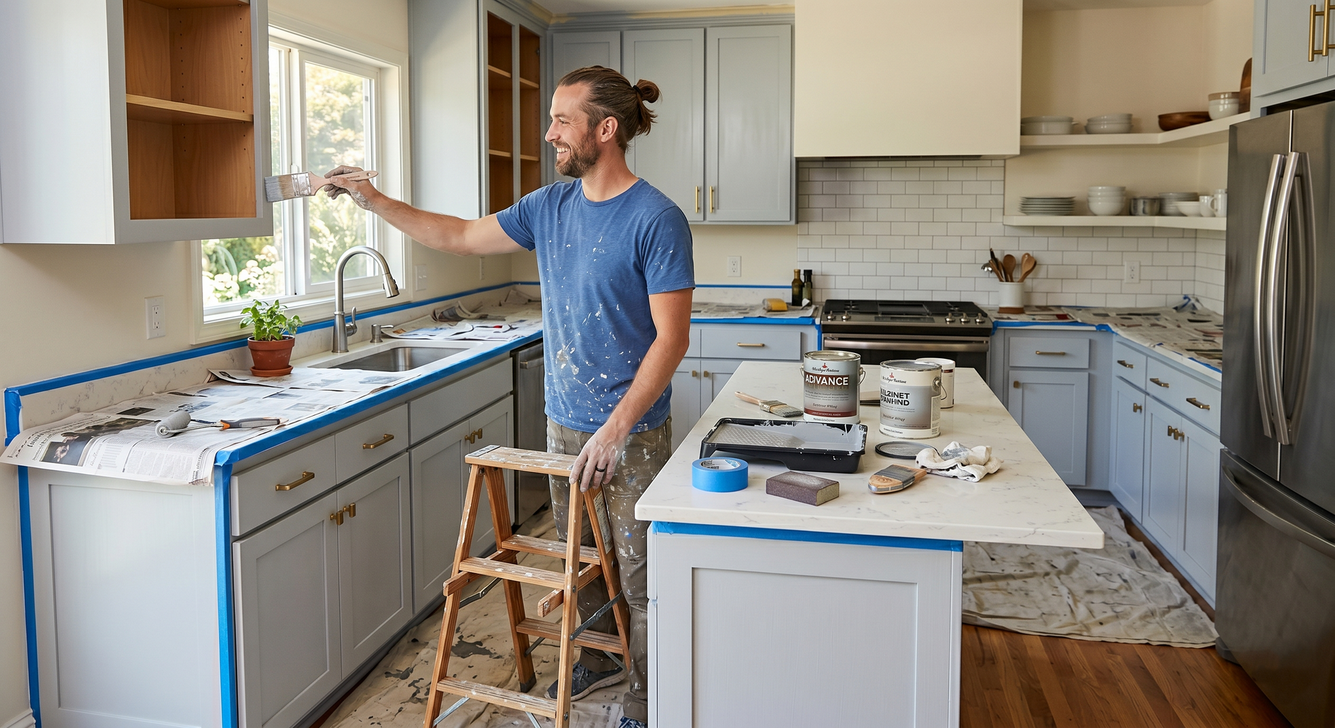 Person painting kitchen cabinets during a kitchen remodel, with tools and supplies on countertops.