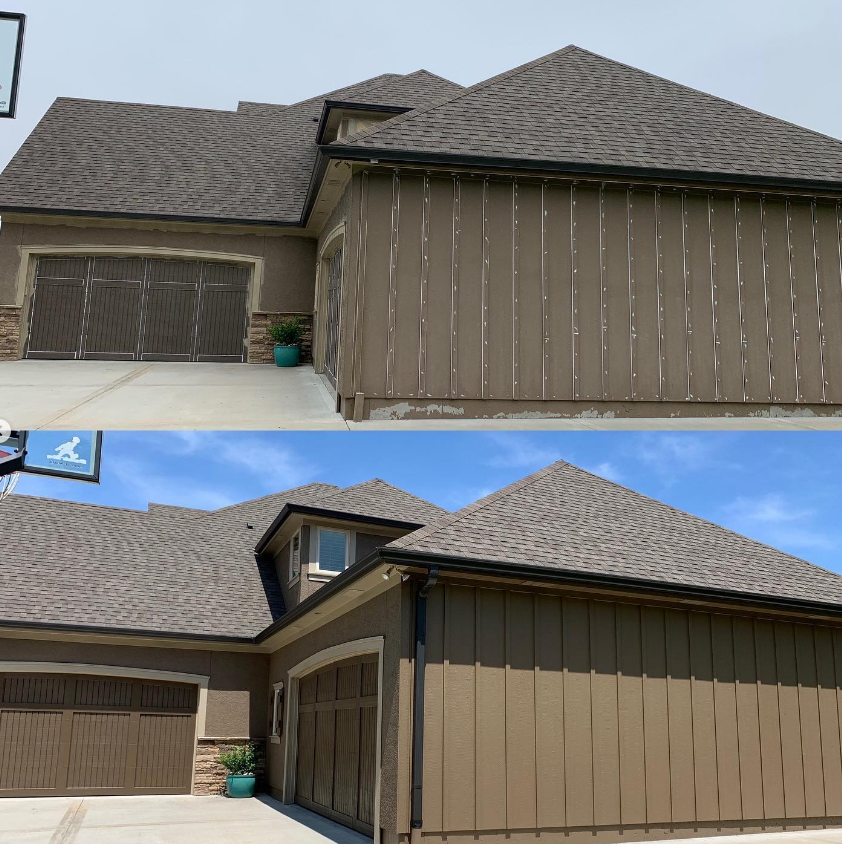Two-part photo: house exterior before and after paint job. Dark brown siding and garage doors, gray roof.