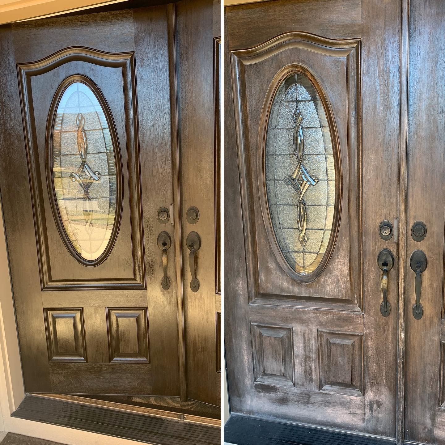Comparison of a wooden double door before and after cleaning, showing a stained glass window, and door hardware.