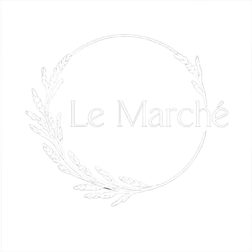 Logo for "Le March&eacute;": white text within a circle and decorative leaf accents.