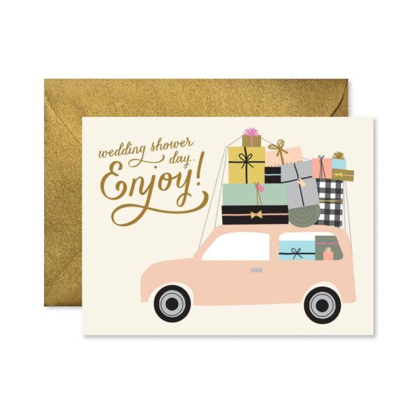 Wedding shower card with pink car piled high with gifts. Gold envelope. 