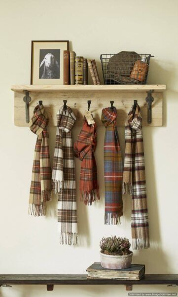 Wooden shelf with hanging scarves, books, and a plant.