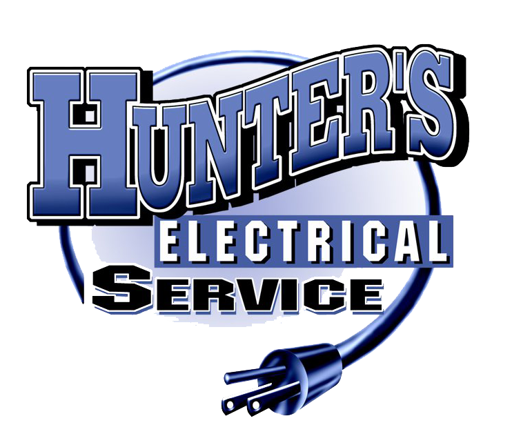 Hunter's Electrical Service logo with text and plug illustration in blue and white.
