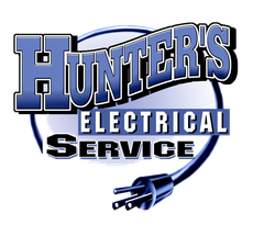 Hunter's Electrical Service logo with text and plug illustration in blue and white.