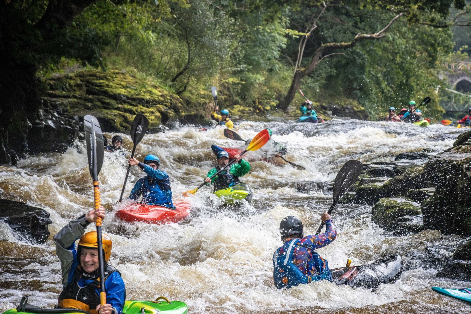 Kayakers navigate a whitewater river. Turbulent brown water, many people paddling in colorful kayaks. Forest backdrop.