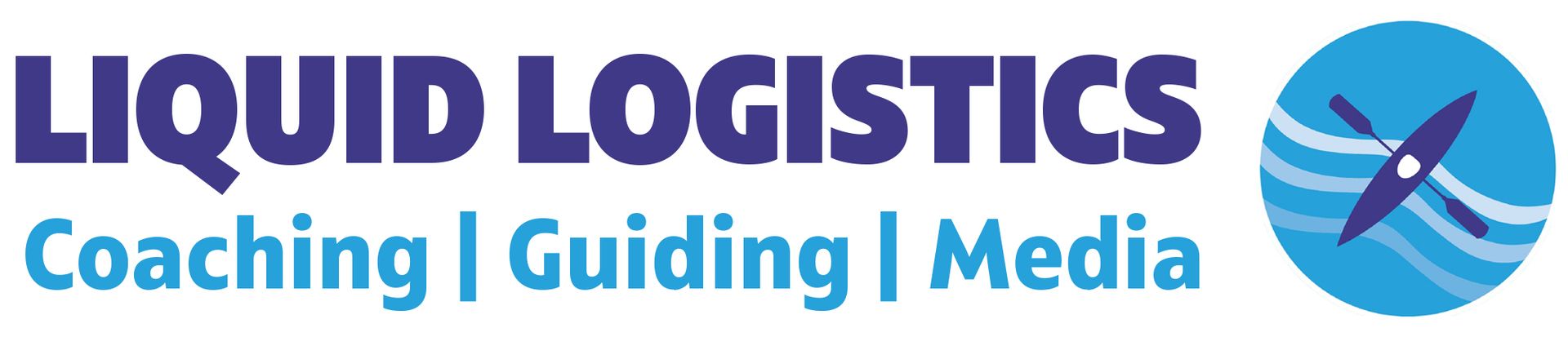 Logo for "Liquid Logistics," with text and a blue circle with a kayak and waves.