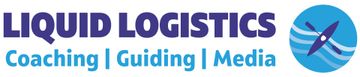 Logo for "Liquid Logistics," with text and a blue circle with a kayak and waves.