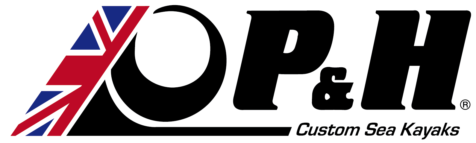 Logo for P&H Custom Sea Kayaks, featuring the Union Jack flag and the letters P&H in bold black.