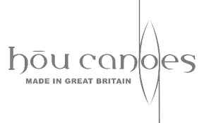 Logo for Hou Canoes: light gray text and canoe outline on a white background. Text reads