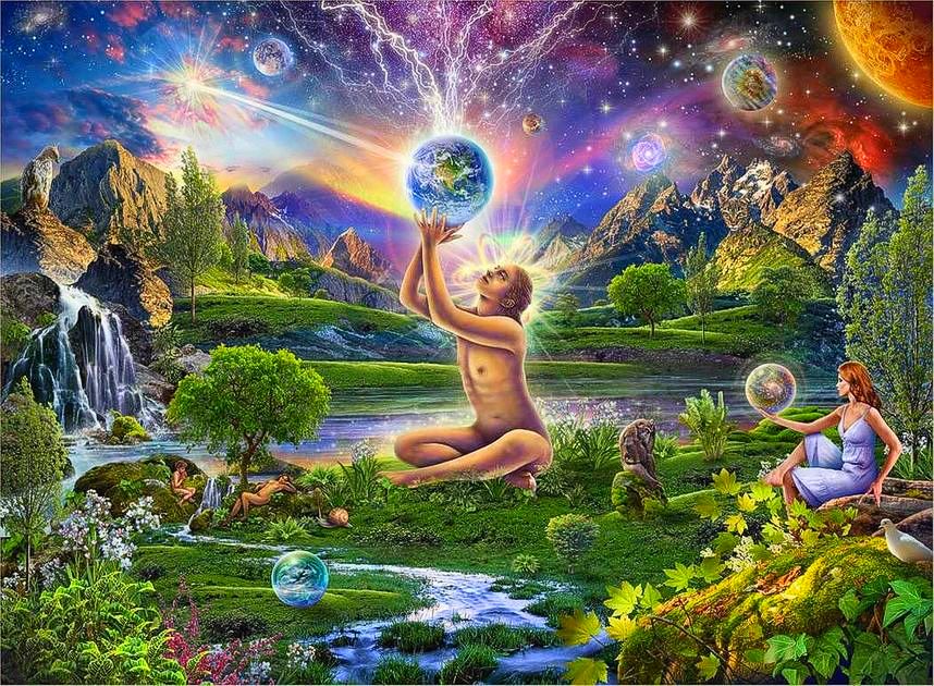 A painting of a man sitting in the grass holding a globe.