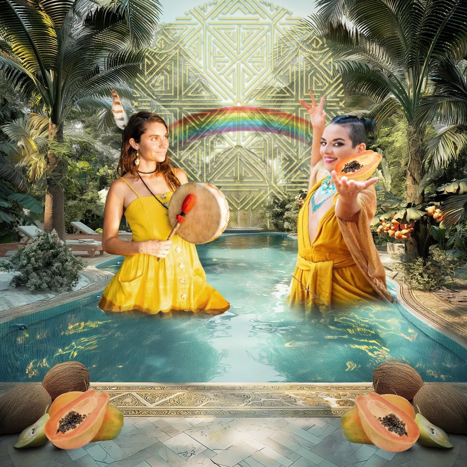 Two women in yellow dresses are playing drums in a pool