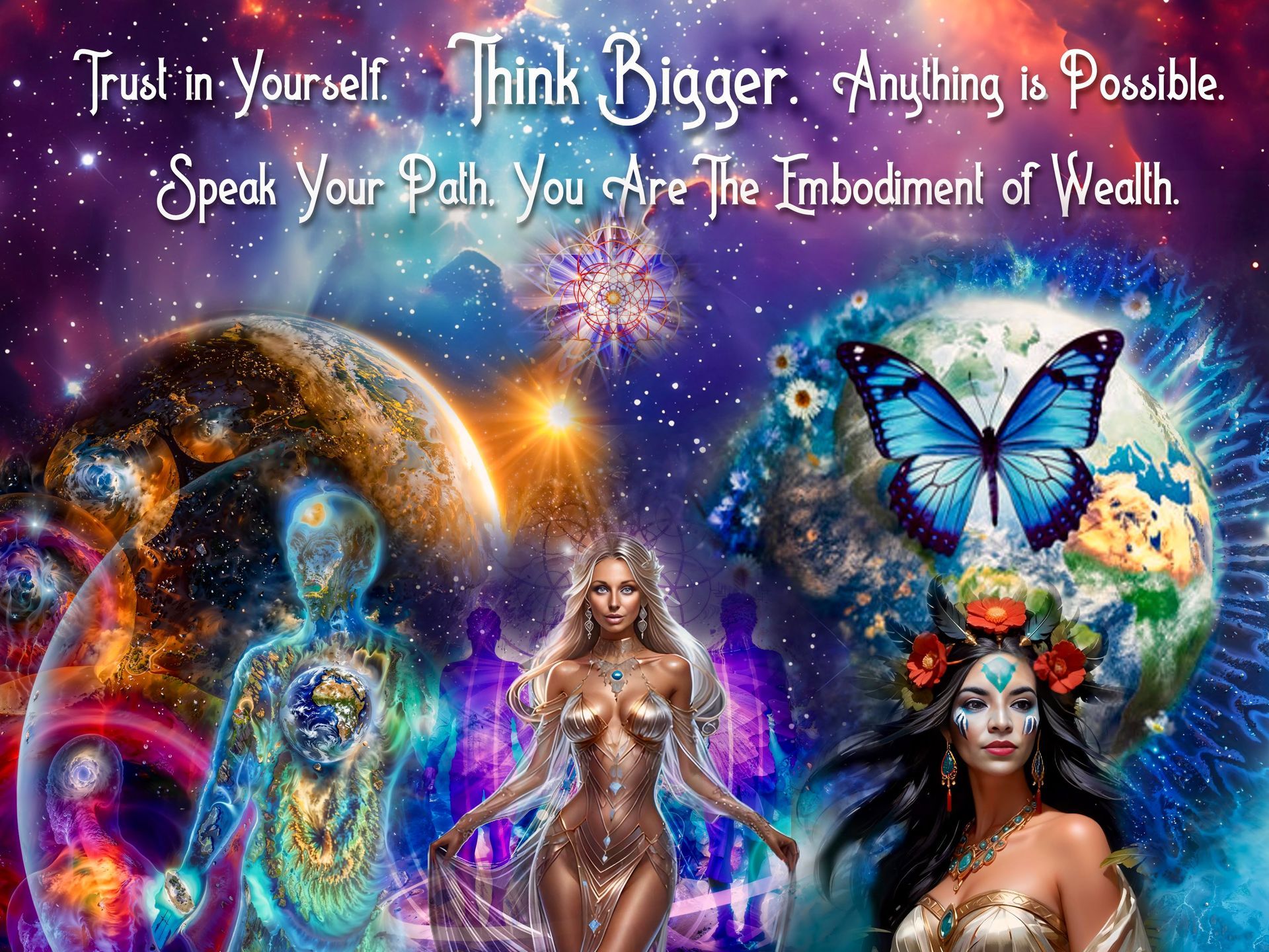A poster that says trust in yourself think bigger anything is possible speak your path you are the embodiment of wealth