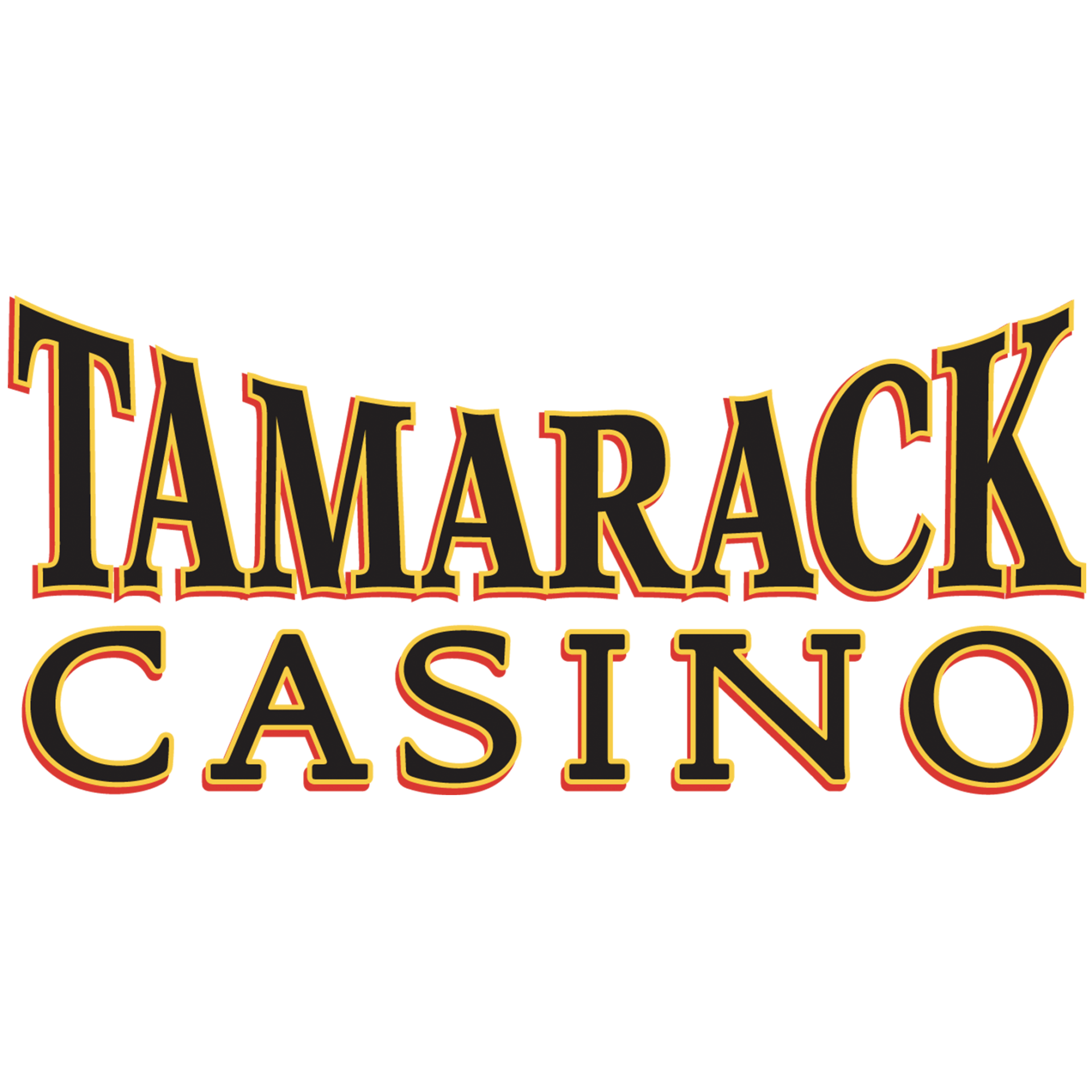 Tamarack Casino logo, black text with orange outline on white background.
