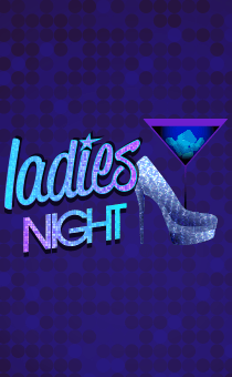 Ladies Night logo with text and sparkly high heel against a purple background.