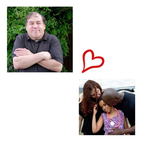 a man with his arms crossed is next to a woman and a little girl
